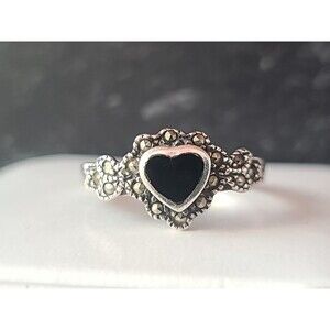 925 Sterling Silver Black Onyx Heart Marcasite Ring, Size US 7.25 Vintage